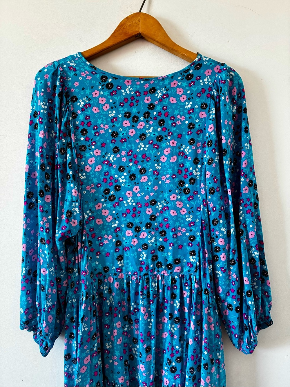 CALVIN KLEIN Teal Ditzy Floral Long-Sleeve Tiered Dress- Size 14 - Picture 7 of 13
